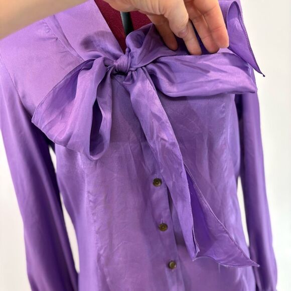 Jones NY Silk Satin Purple Bow Flutter Silk Blouse Fall Long-Sleeved sz 4 - Picture 4 of 13